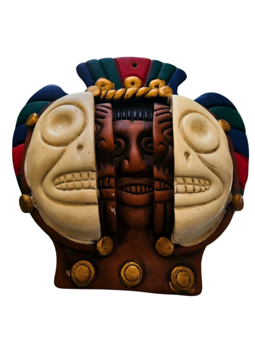 Vintage Mexico Aztec "Three Ages of Man" Terracotta Folk Art Wall Hanging